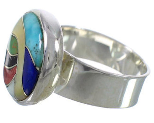 High Quality Sterling Silver Multicolor Inlay Ring Size 6-1/2 WX38343